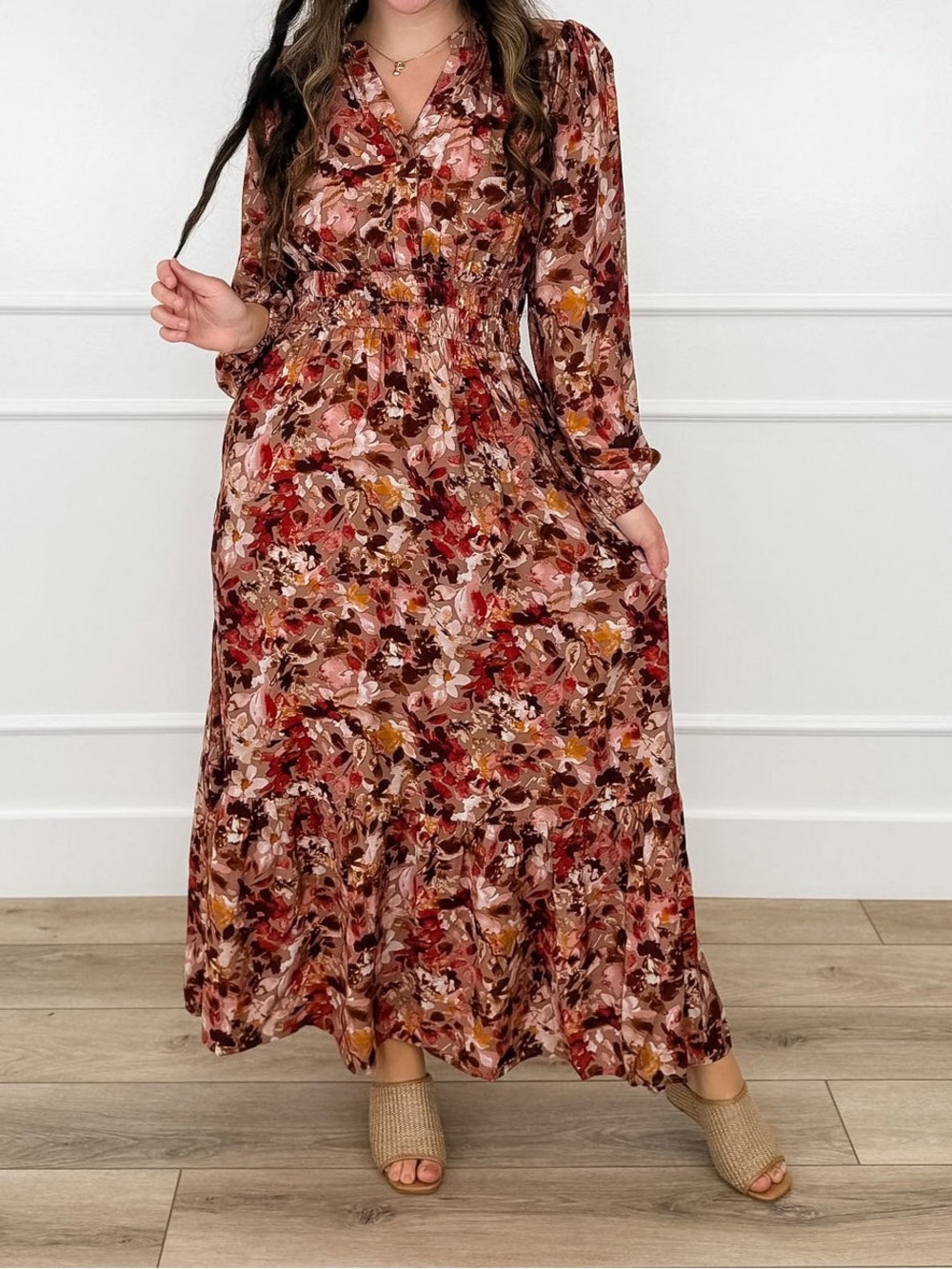 Oddi Floral Fall Latte Maxi Dress NWT